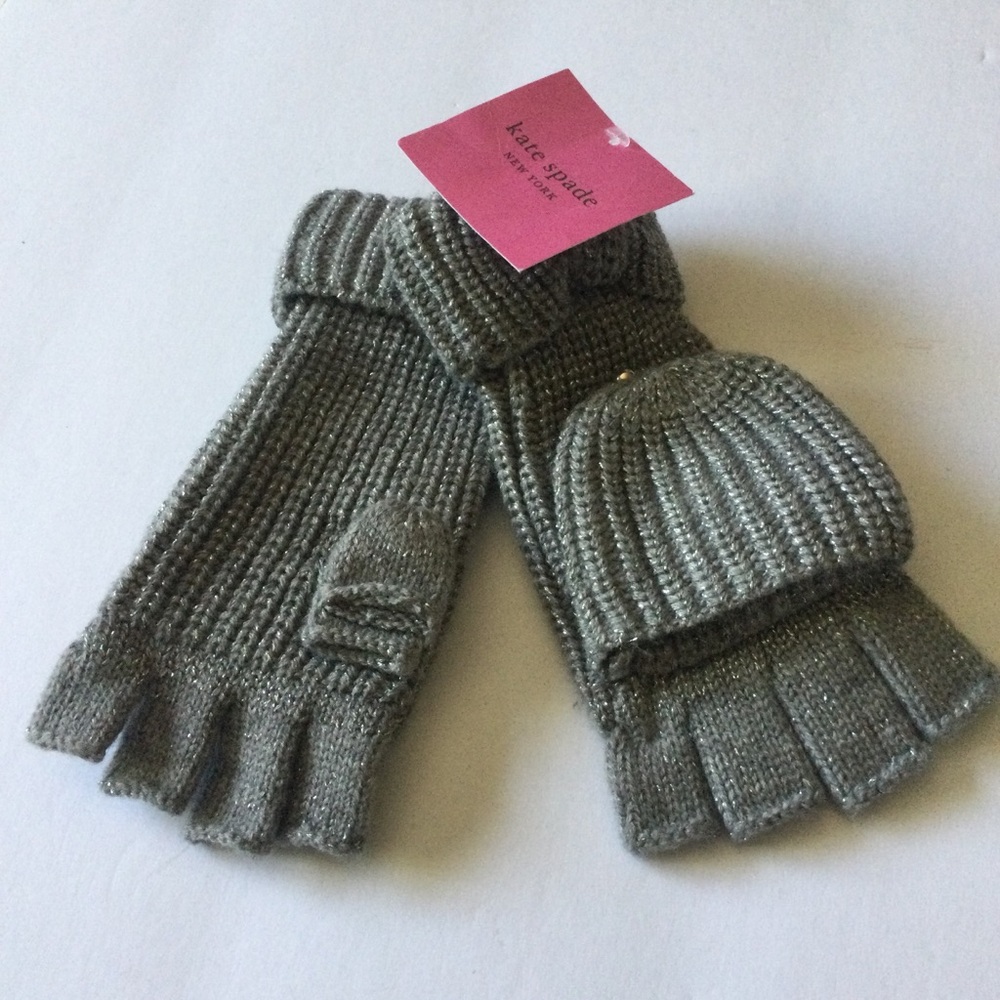 KATE SPADE METALLIC BOW POP TOP CONVERTIBLE MITTENS FINGERLESS GLOVES GRAY NWT